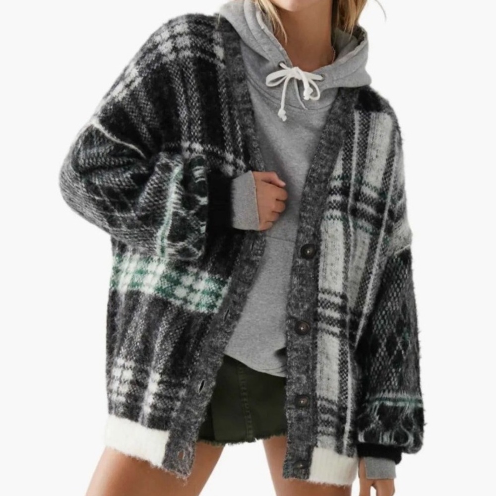 Free People Sepia Plaid Jacquard Oversize Cardigan